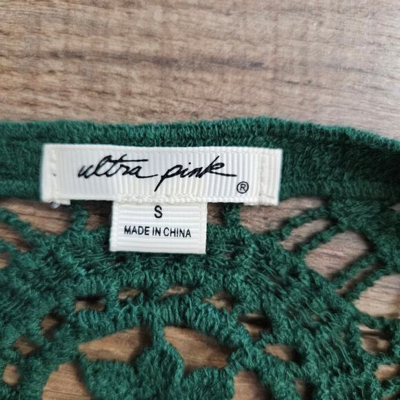 Ultra Pink Top Womens Small Green Open Crochet Knit 3/4 Bell Sleeve Scoopneck - Picture 9 of 14